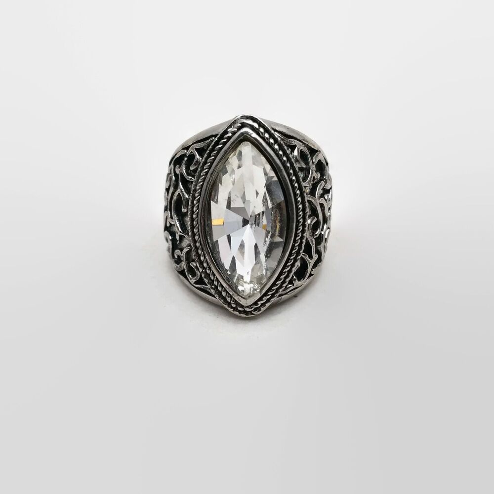 Silver Tone Marquis Shaped Clear Glass Stone Ring Size 6